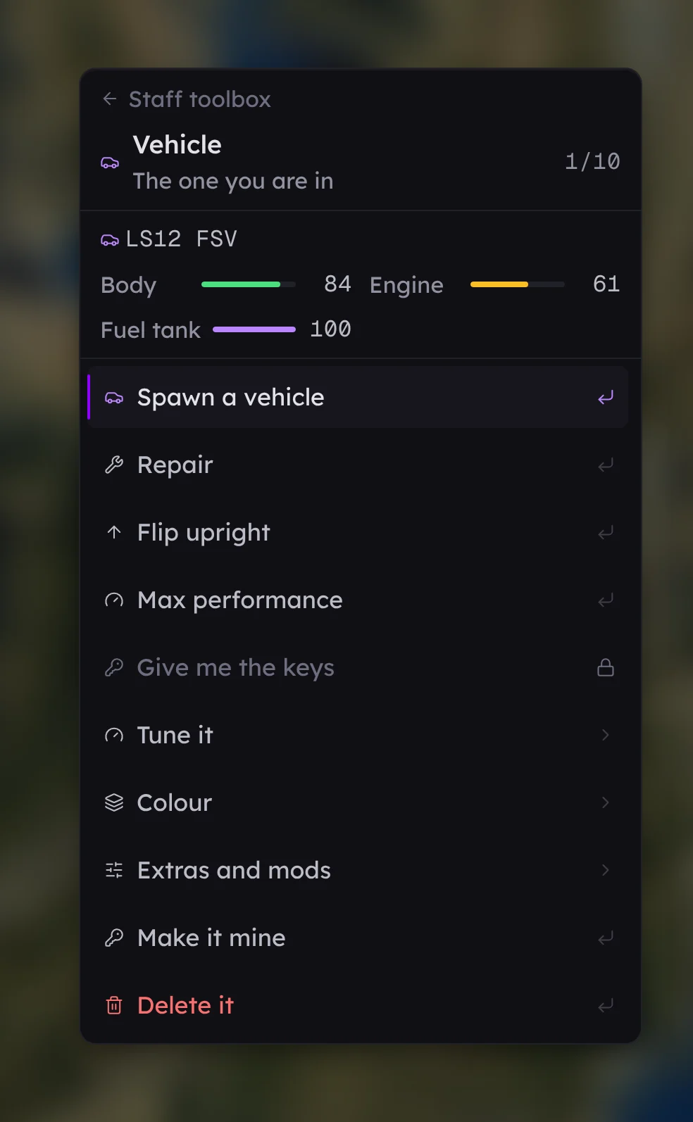 The Vehicle screen