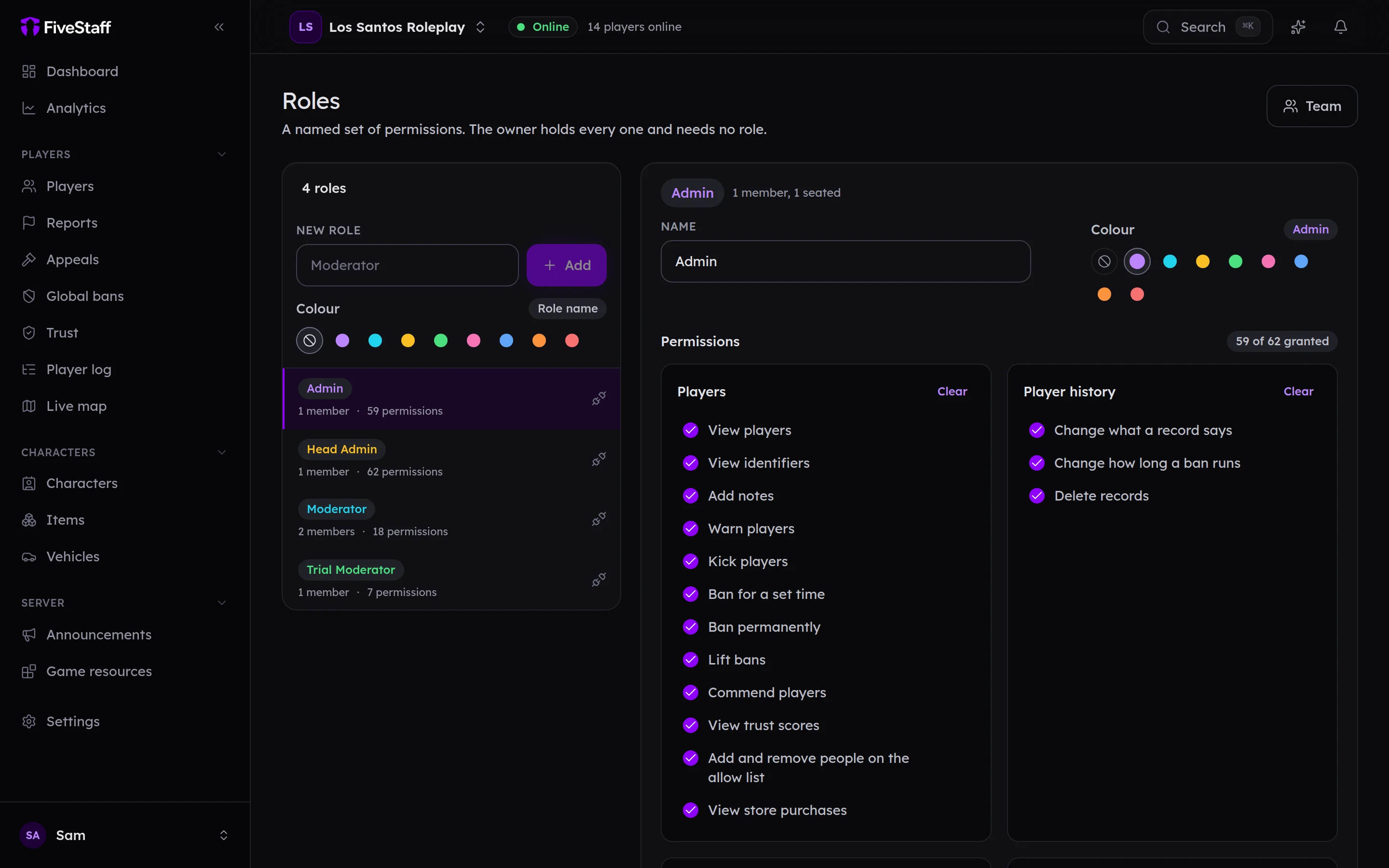 The Roles screen